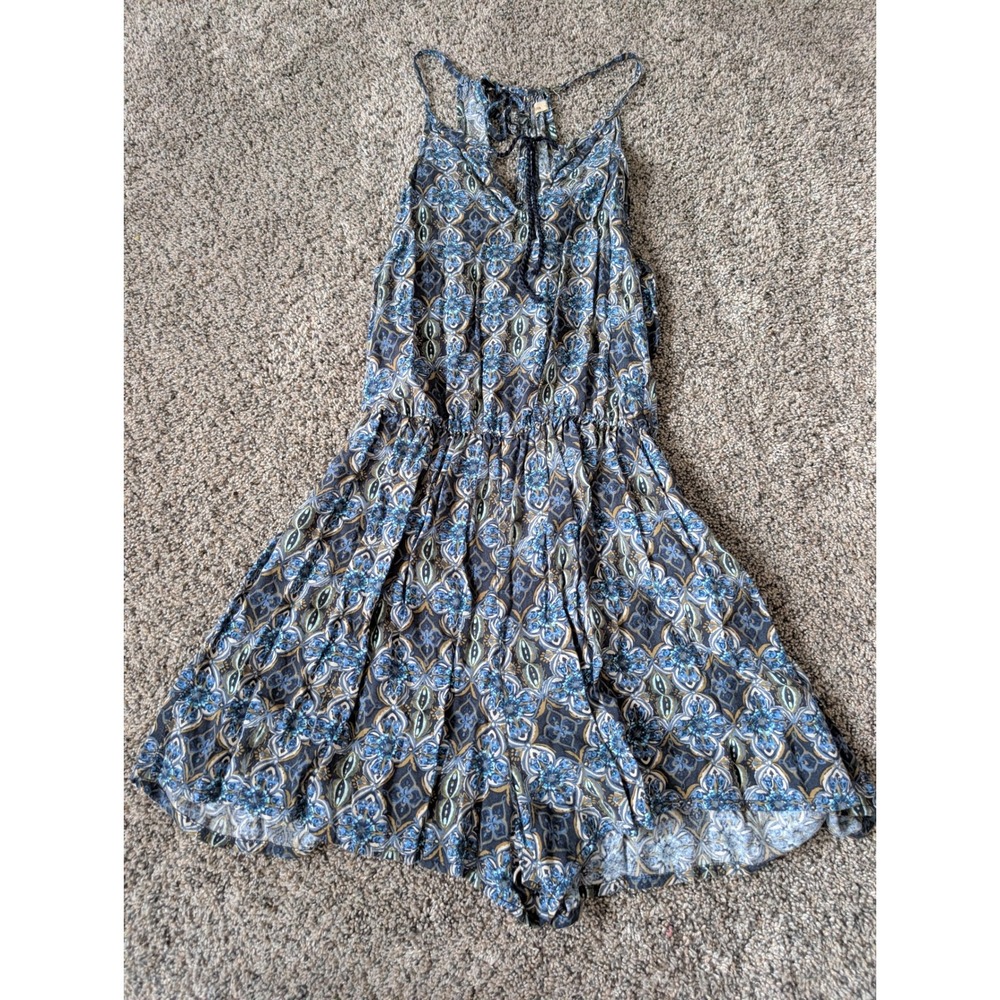 Hollister Blue Medallion‎ Tile Print Racerback Romper XS Braided Tie Summer Boho